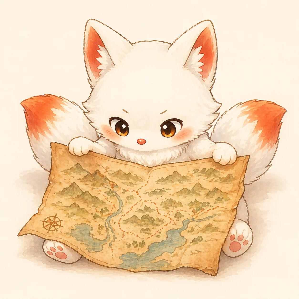 大きな地図を広げて眺めるシロ